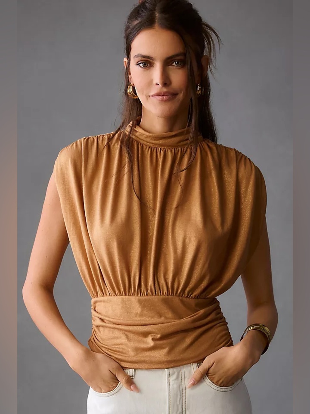 NWT Anthropologie Maeve Ruched Mock-Neck Muscle Tee Sz L